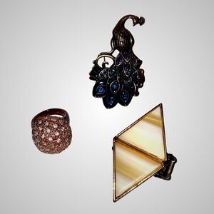 Lot of 3 Statement Rings Adjustable Bands Peacock Enamel Rhinestone Cocktail‎